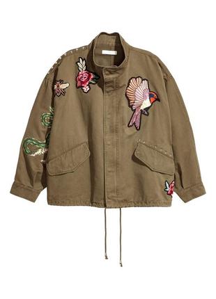 Коротка куртка карго мілітарі бомбер з вишивкою квіти птиці зм...