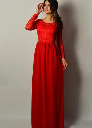Шикарное красное вечернее платье в пол с рукавами кружево шифо...