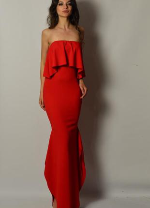 Шикарное красное вечернее платье в пол с воланами асимметрией ...