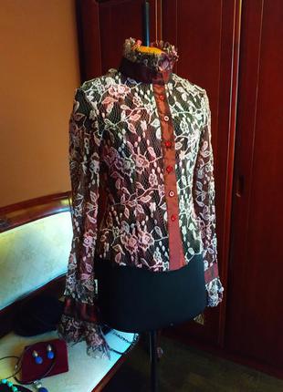Блуза гипюр кружево розы италия воротник стойка