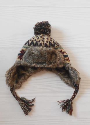 Зимняя теплая вязаная шапка ушанка на флисе с помпоном 7/13 лет 🌺