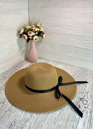Соломенная шляпа солнцезащитная женская с широкими полями и чё...