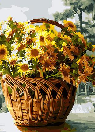 Картина по номерам цветы букет корзина жёлтые хризантемы браш