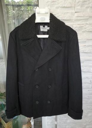 Мужское двубортное черное пальто с теплым воротником тедди top...