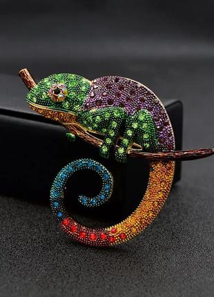 Шикарна велика брошка хамелеон бршка ящірка гекон з камінням