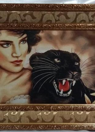 Картина гобелен "девушка и пантера "