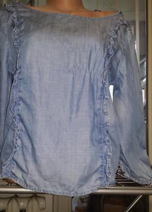 Натуральная голубая свободная блуза с рюшами  длинный рукав only