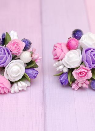 Гумки для волосся дитячі з квітами біло-рожево-фіолетові прикр...