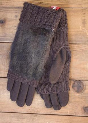 Женские зимние перчатки стрейч+вязка коричневые