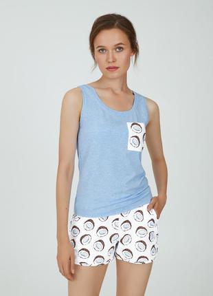 Женская хлопковая пижама голубого цвета майка и шорты ellen lp...