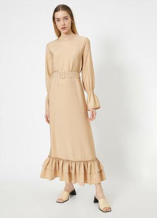 Платье  с длинным рукавом  поясом  и рюшами koton