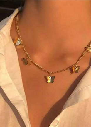 Цепочка с подвесками бабочками золото, ожерелье чокер бабочки