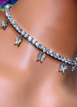 Эффектный чокер колье ожерелье кристалы бабочки серебро