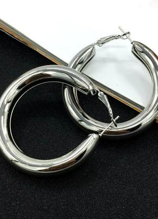 Крупные серьги кольца конго объёмные, большие серёжки серебристые
