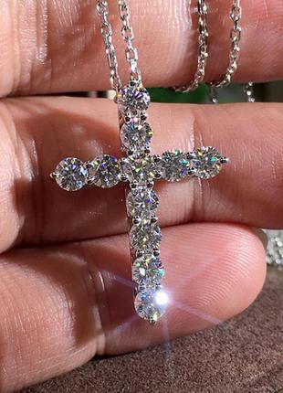 Подвеска крест в кристаллах серебро 925 покрытие, цепочка с кр...