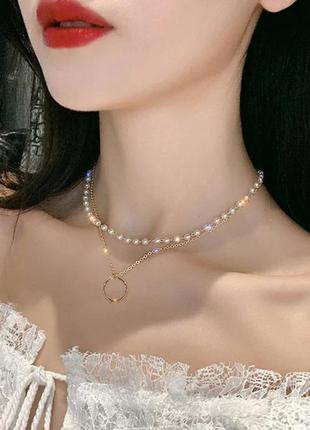 Двойное жемчужное ожерелье чокер цепочка с подвеской кольцо