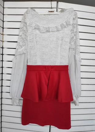 Платье белая блуза красная юбка 42 44 гипюр кружевная нарядная
