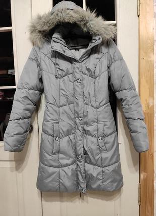 Пуховик пальто зимове сіре 44 розмір жіноче осіннє тепле з кап...