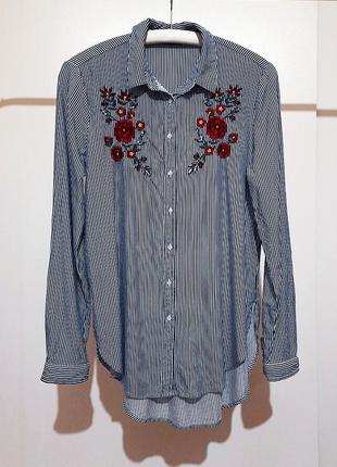 Женская рубашка с длинным рукавом вышивка цветы размер 38