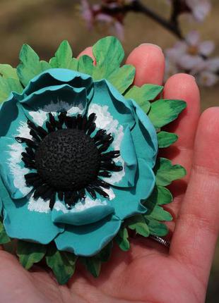 "бирюзовый анемон" заколка с цветком из полимерной глины