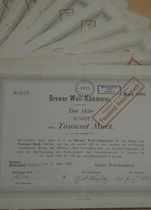 Акция. Германия. Bremer Woll-Kammerei 1000 reichmark 1920 год ...