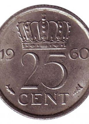 Монета 25 центов. 1960 год, Нидерланды.