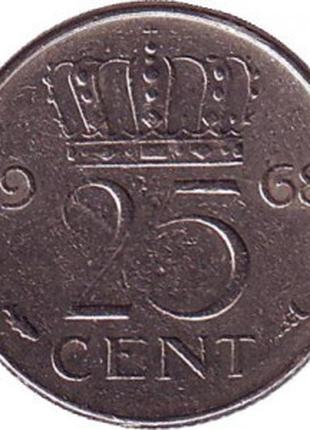 Монета 25 центов. 1968 год, Нидерланды.