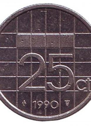 Монета 25 центов. 1990 год, Нидерланды.
