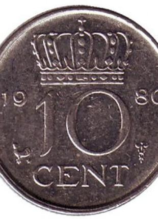 Монета 10 центов. 1980 год, Нидерланды.