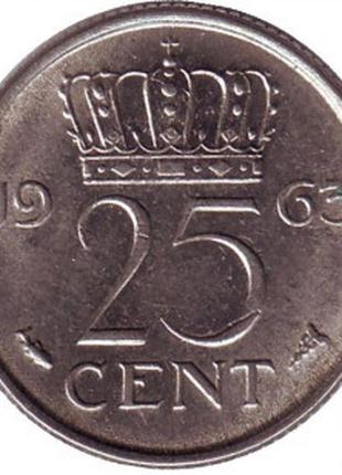 Монета 25 центов. 1963 год, Нидерланды.