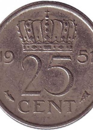Монета 25 центов. 1951 год, Нидерланды.