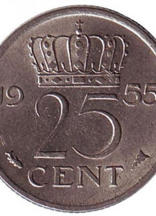 Монета 25 центов. 1955 год, Нидерланды.