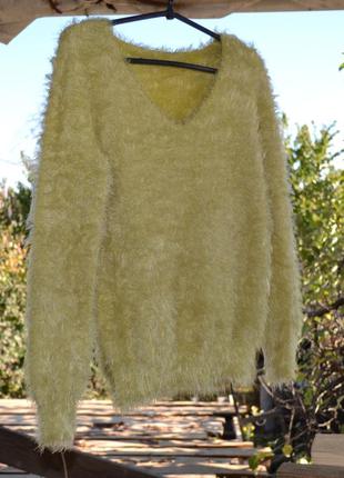 Пухнастий зелений грінч светр оливковий гірчичний з ворсом ове...