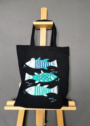 Эко-сумка,шоппер с росписью ручной работы.рыбы