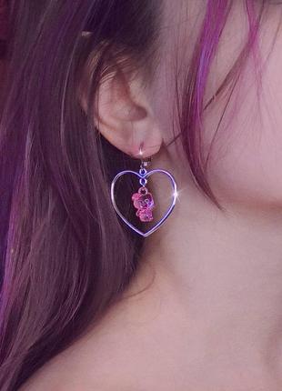 Серьги сердца с мармеладными кошечками hello kitty китти