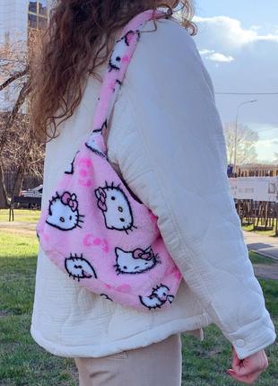 Плюшевая мягкая пушистая сумка hello kitty хелло китти розовая ро