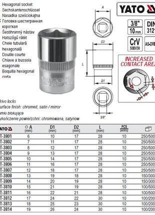 Головка 6-гранная короткая 3/8" М15х28 мм Польша YATO YT-3810