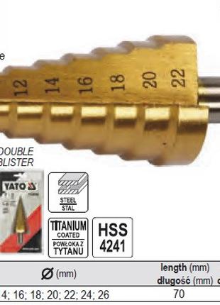 Сверло ступенчатое YATO коническое титан HSS 4241 Ø=14-26 мм L...