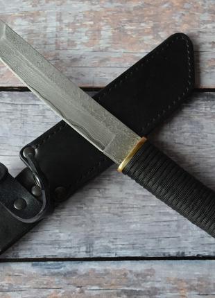 Нож нескладной в стиле Танто дамаск, с темляком и кожаным чехл...