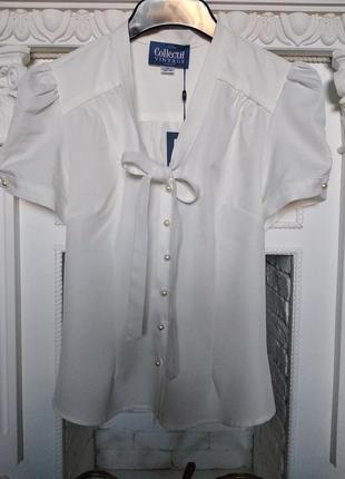 Белая блуза в винтажном стиле с бантом и рукавами-фонариками