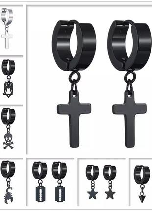 Крутые серьги крест черные сережки в стиле панк рок хип-хоп го...