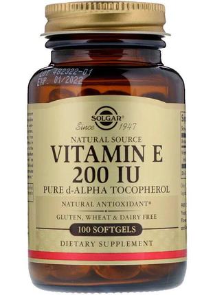 Витамин Е, 200 МЕ, Vitamin E 200 IU, Solgar, 100 желатиновых к...