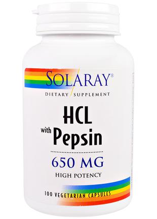 Бетаин HCL и Пеппсин, HCL with Pepsin, Solaray, 650 мг, 100 ве...