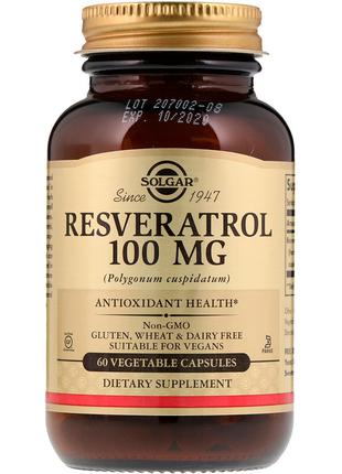 Ресвератрол, Resveratrol, Solgar, 100 мг, 60 вегетарианских ка...