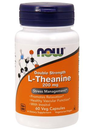 L-Теанин, L-Theanine, Double Strength, Now Foods, 200 мг, 60 в...