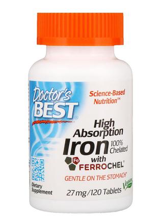 Хелатное железо, High Absorption Iron, Doctor's Best, 27 мг, 1...