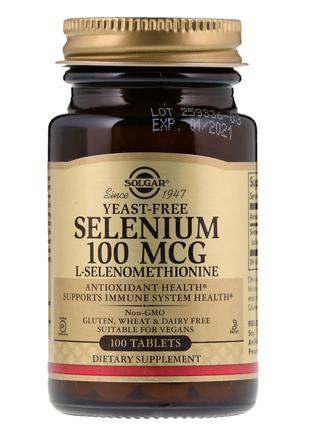 Селен без Дрожжей L-Селенометианин, 100 мкг, Solgar, 100 таблеток