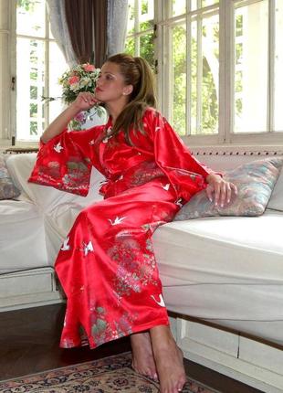Роскошный шелковый халат кимоно в цветы, длинный