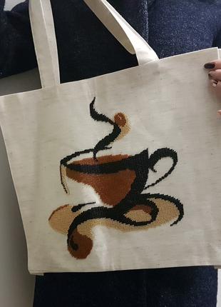 Эко-сумка шоппер "Чашка с кофе" с вышивкой из бисера