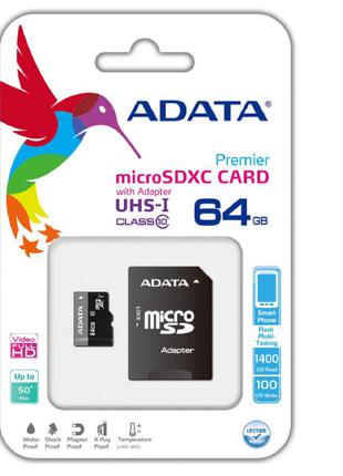 Карта пам'яті ADATA microSDHC 64Gb Class 10 UHS-I Premier + SD...